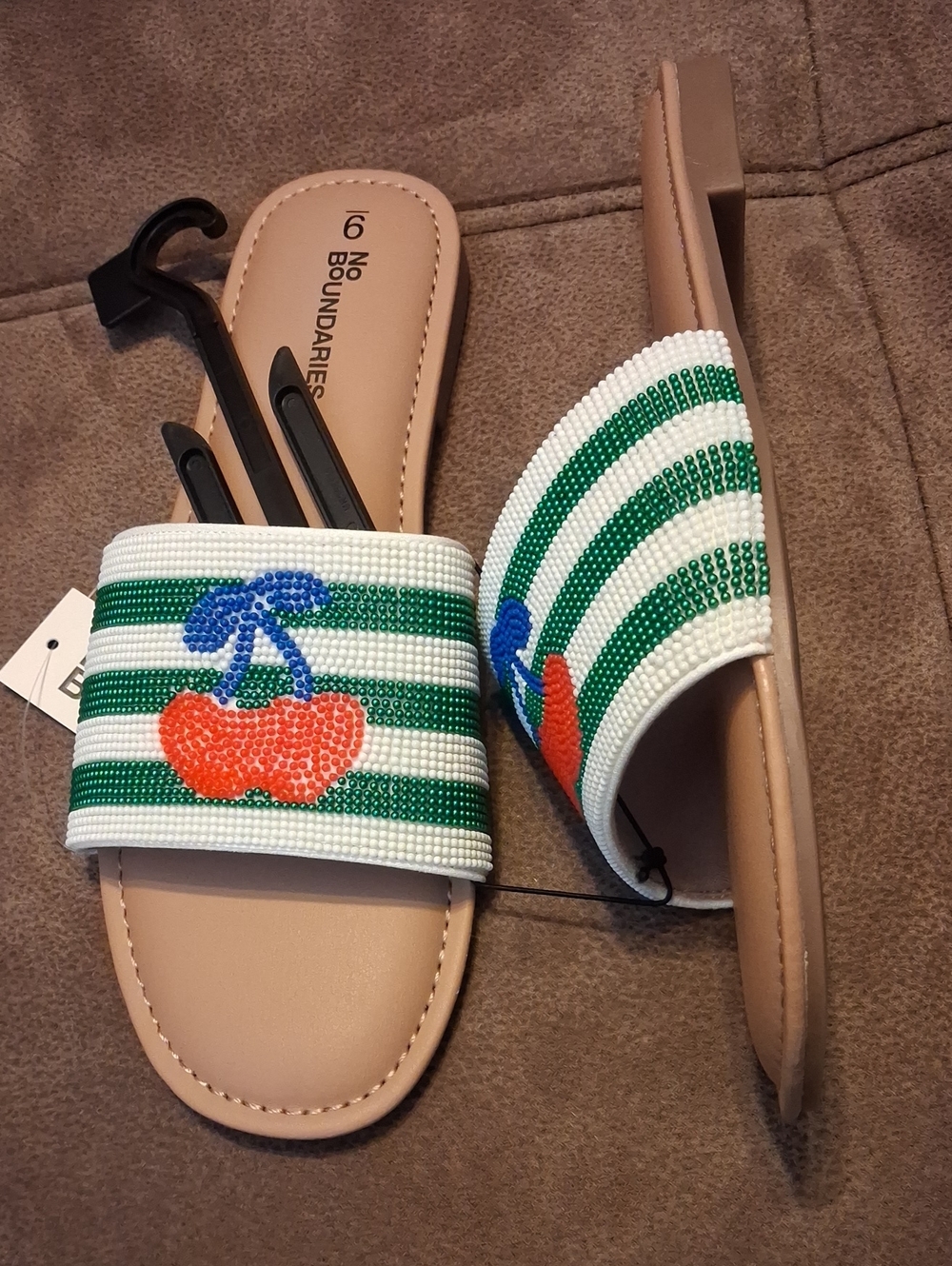 No Boundaries Women's Green & White Striped Slides with Cherry Bead Accent 9